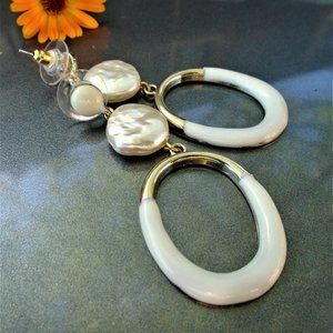 Long Classy Cream enamel dangle earrings Abs Coin Pearl, open oval 90's inspired